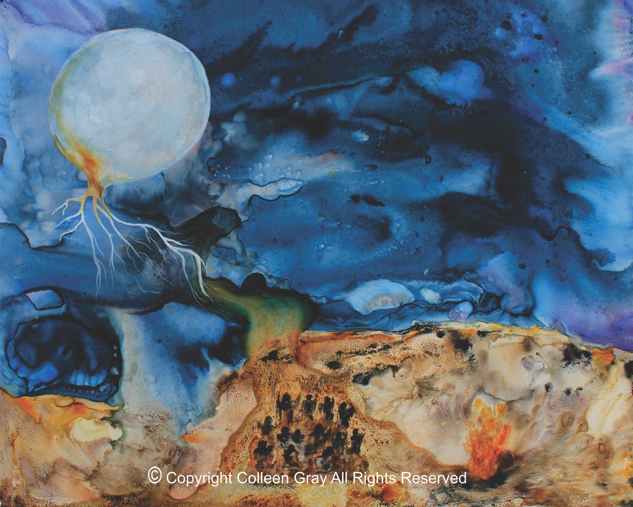 Image Title: Tatanka Wakan - 16x20 archival print by Metis Artist Colleen Gray Indigenous Canadian Art Work. Image of Full moon in vibrant blue sky with 13 grandmothers gathered below sturgeon moon. For sale at https://artforaidshop.ca