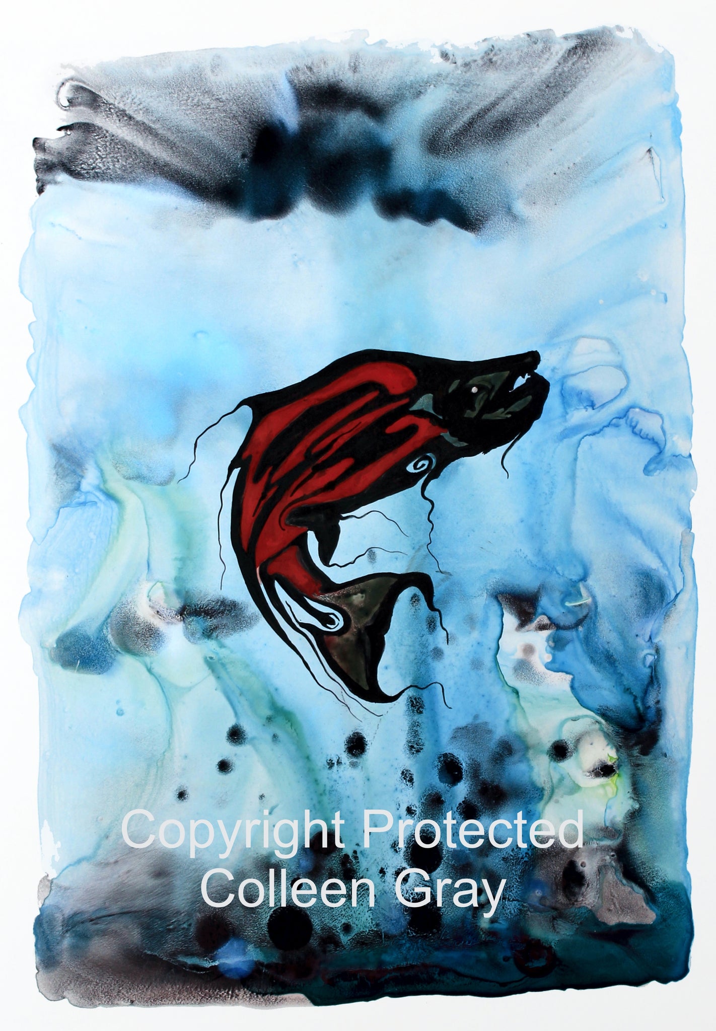 Image of Title: Salmon Oil 16x20 archival print by Metis Artist Colleen Gray Indigenous Canadian Art Work. Vertical, red salmon swimming in the blue water. For sale at https://artforaidshop.ca