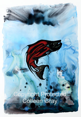 Image of Title: Salmon Oil Art Card by Metis Artist Colleen Gray Indigenous Canadian Art Work. Vertical, red salmon swimming in blue water. For sale at https://artforaidshop.ca