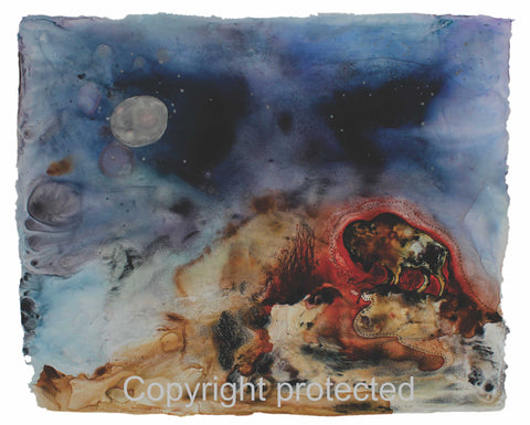 Image of Title: Red Buffalo Talks To The Fire 16x20 archival print by Metis Artist Colleen Gray Indigenous Canadian Art Work. Horizontal. For sale at https://artforaidshop.ca